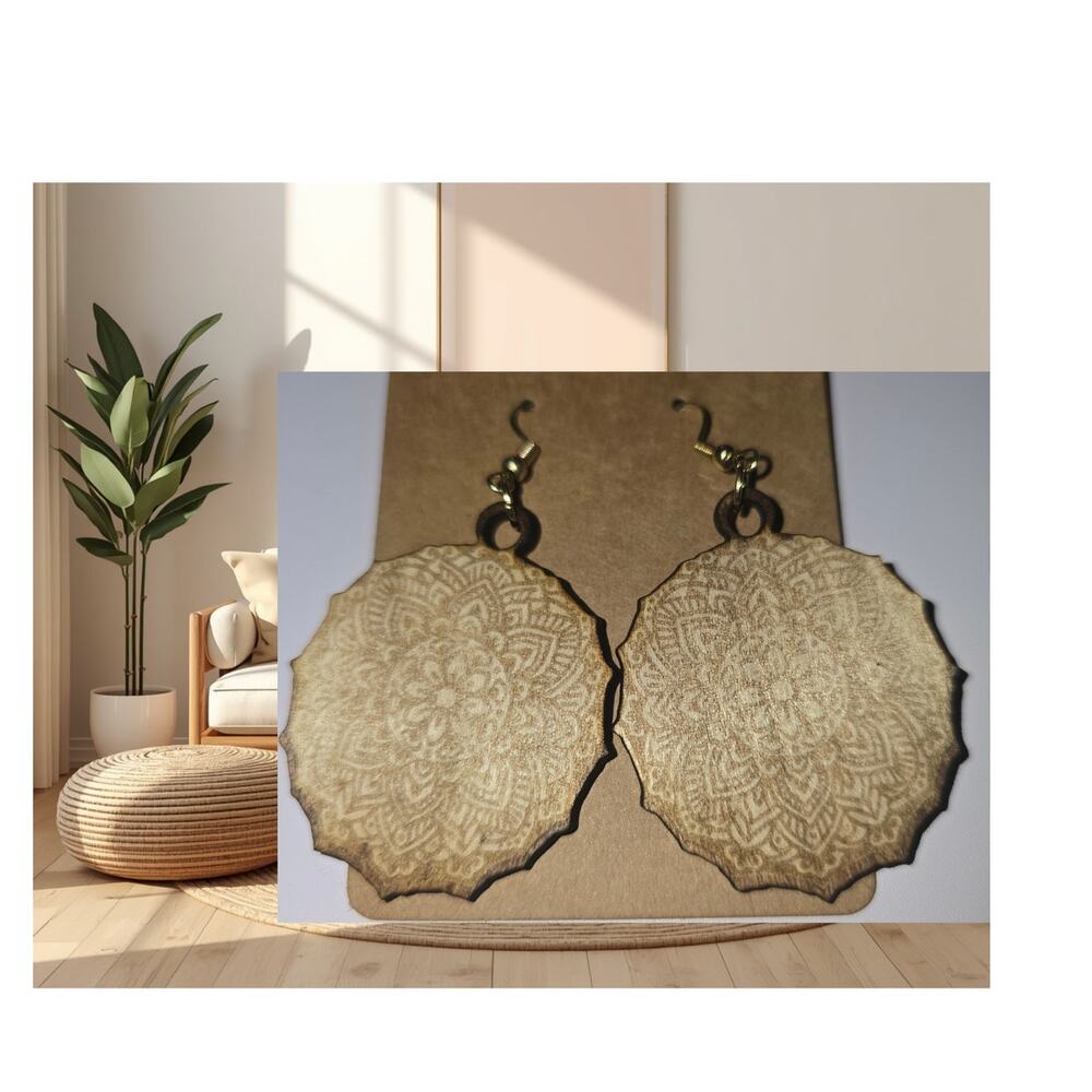 Wooden‎ laser cut engraved earrings boho mandala style drop dangle lightweight